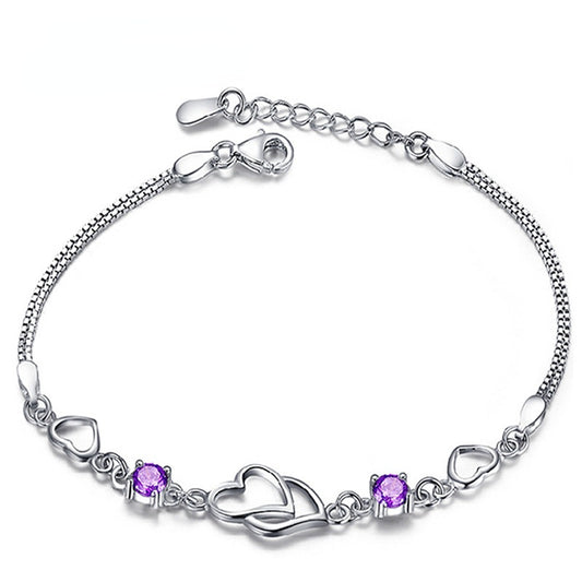 Hollow Double Heart with Zircon Silver Bracelet for Women