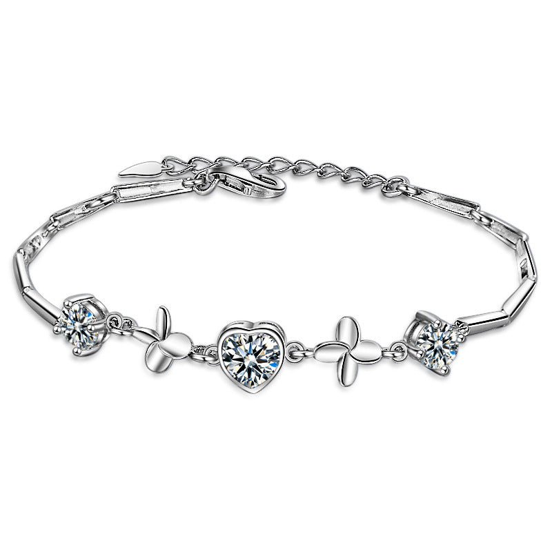 Heart Zircon Lucky Clover Silver Bracelet for Women