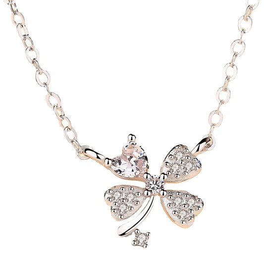 Zircon Lucky Clover Pendant Silver Necklace for Women