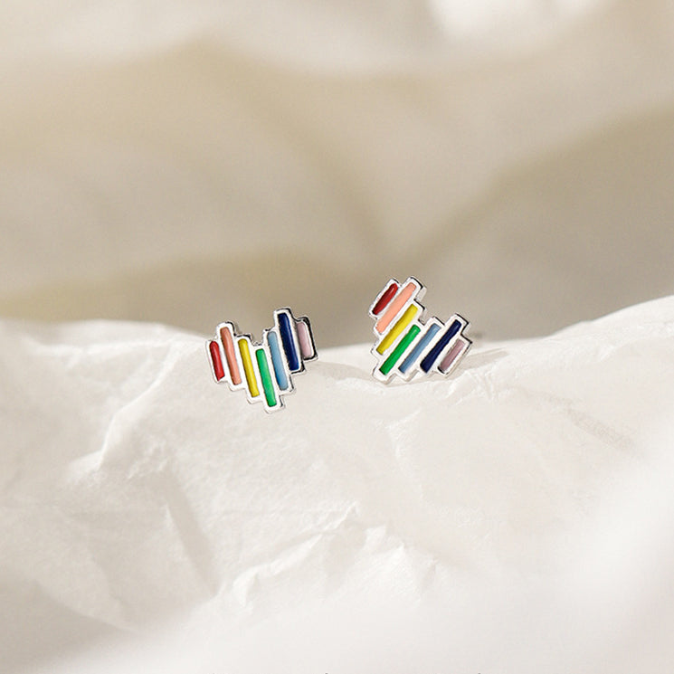 Colourful Mini Rainbow Heart Silver Studs Earrings for Women