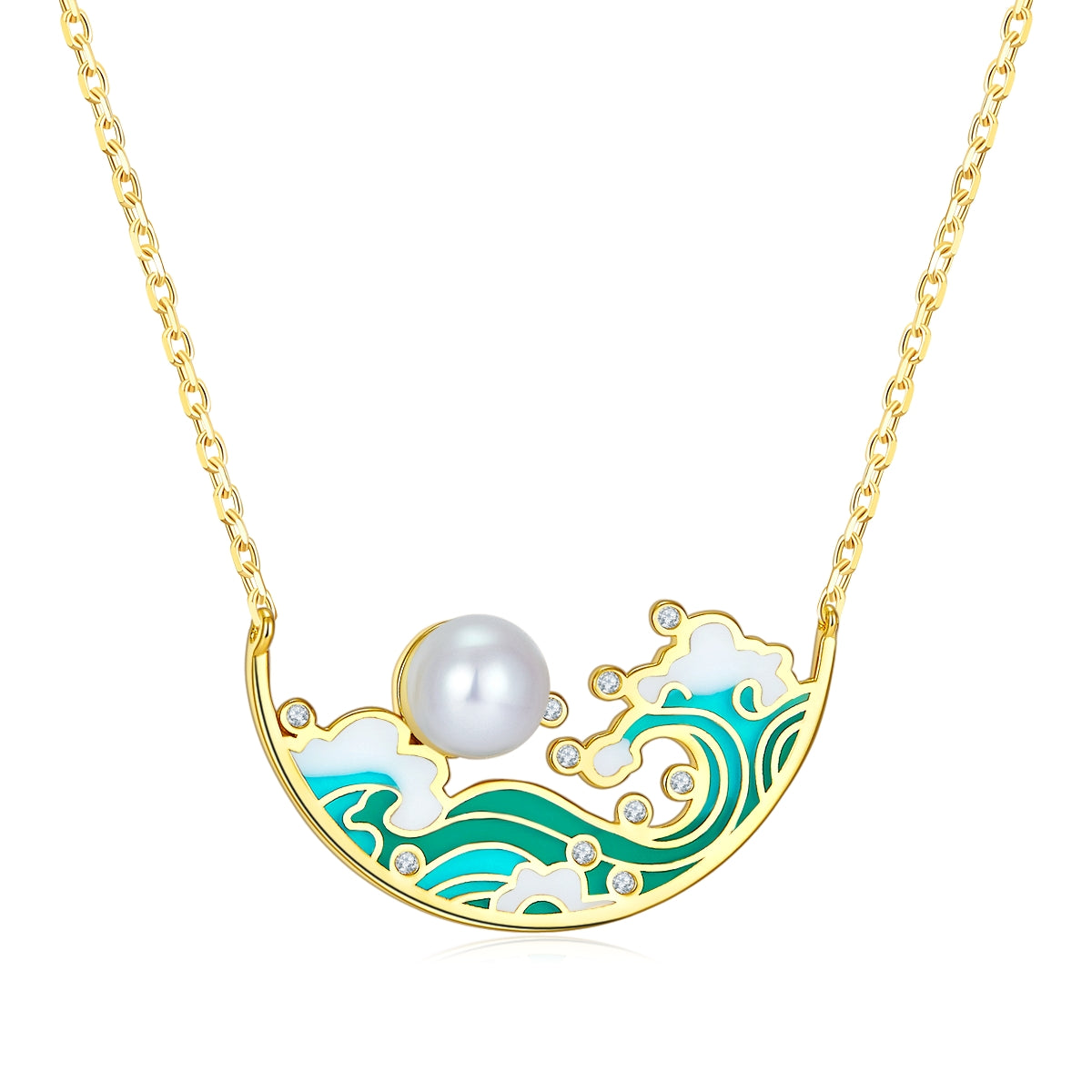 (Two Colours) Tidal Water Enamel with Pearl Golden Necklace for Women
