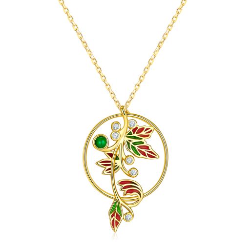 Golden Leaf Enamel with Emerald Necklace for Women