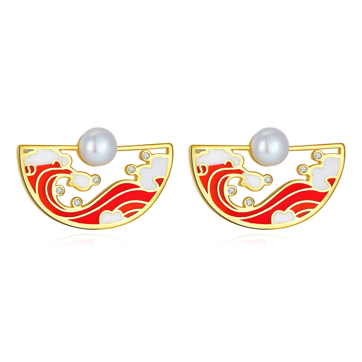 (Two Colours) Tidal Water Enamel with Pearl Golden Studs Earrings for Women