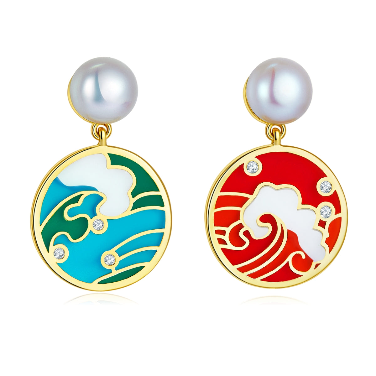 (Two Colours) Tidal Water Enamel with Pearl Golden Drop Earrings for Women