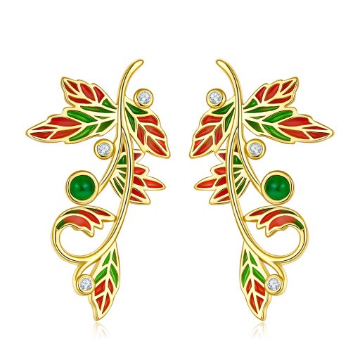 Golden Leaf Enamel with Emerald Earrings for Women