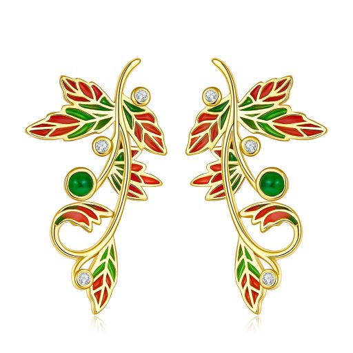 Golden Leaf Enamel with Emerald Earrings for Women