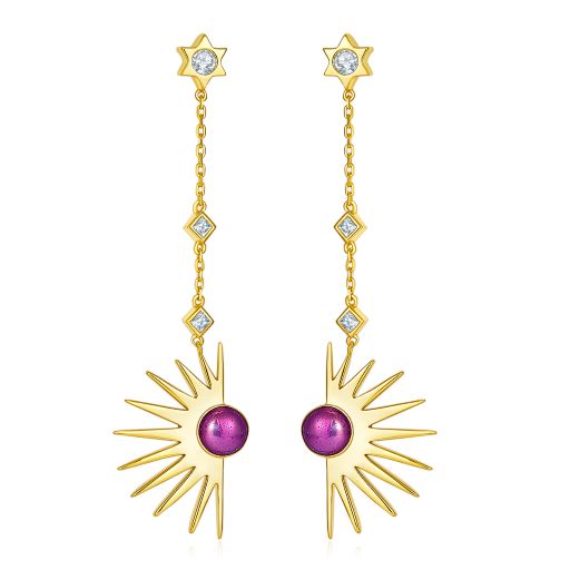 Purple & Golden Sun Flower Enamel Dorp Earrings for Women