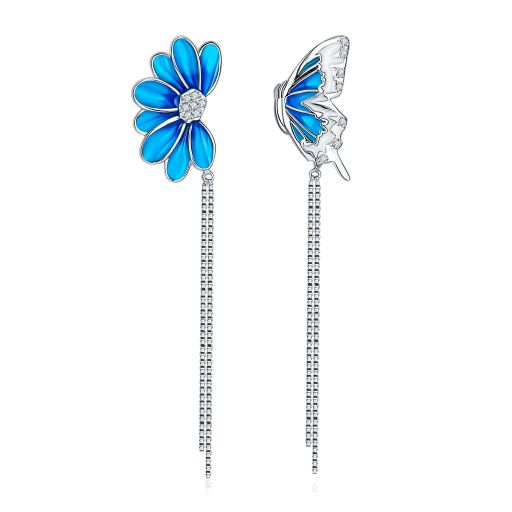Blue Flower and Butterfly Enamel Silver Drop Earrings for Women
