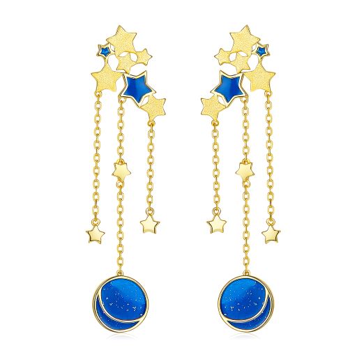 Blue & Golden Moon Star Enamel Dopr Earrings for Women