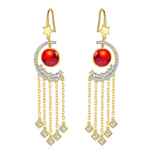 Red & Golden Moon Star Enamel Dorp Earrings for Women