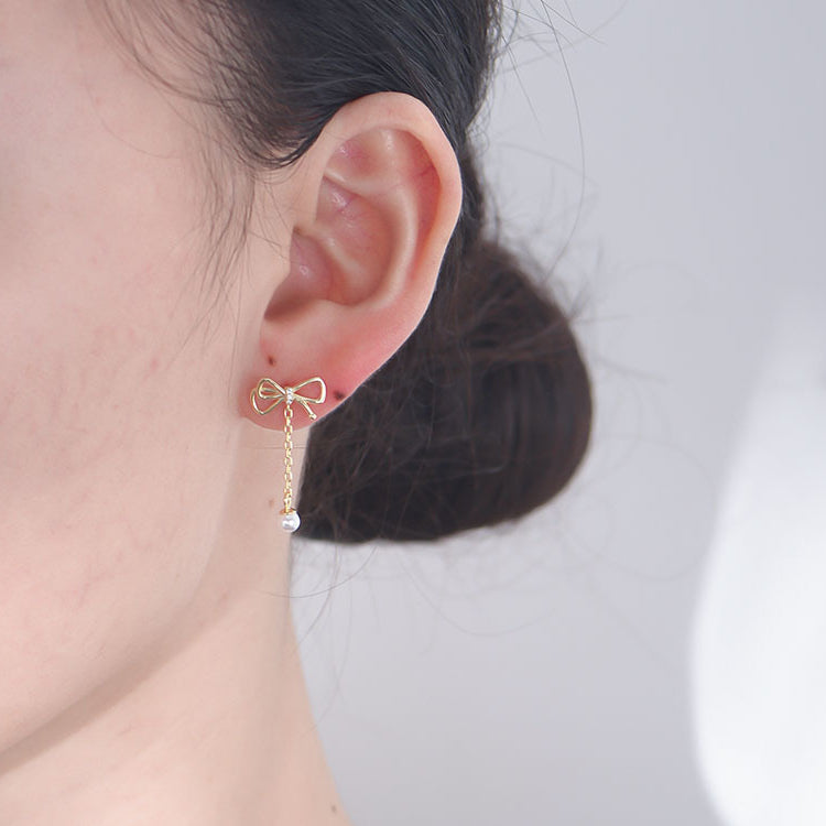 Bowknot Tassel Pearl Silver Drop Earrings for Women