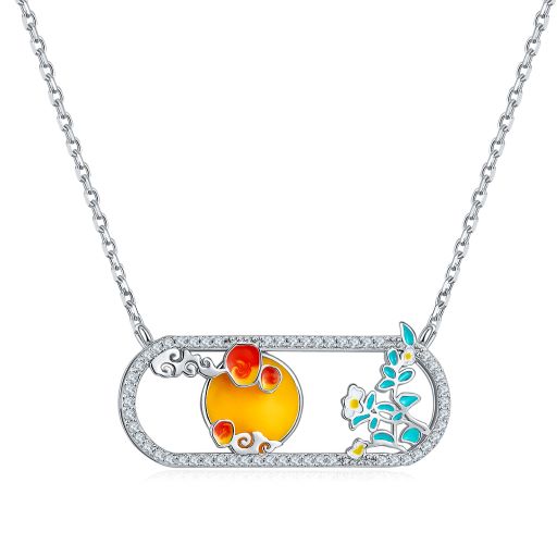 Moon and Flower Enamel Silver Necklace for Women