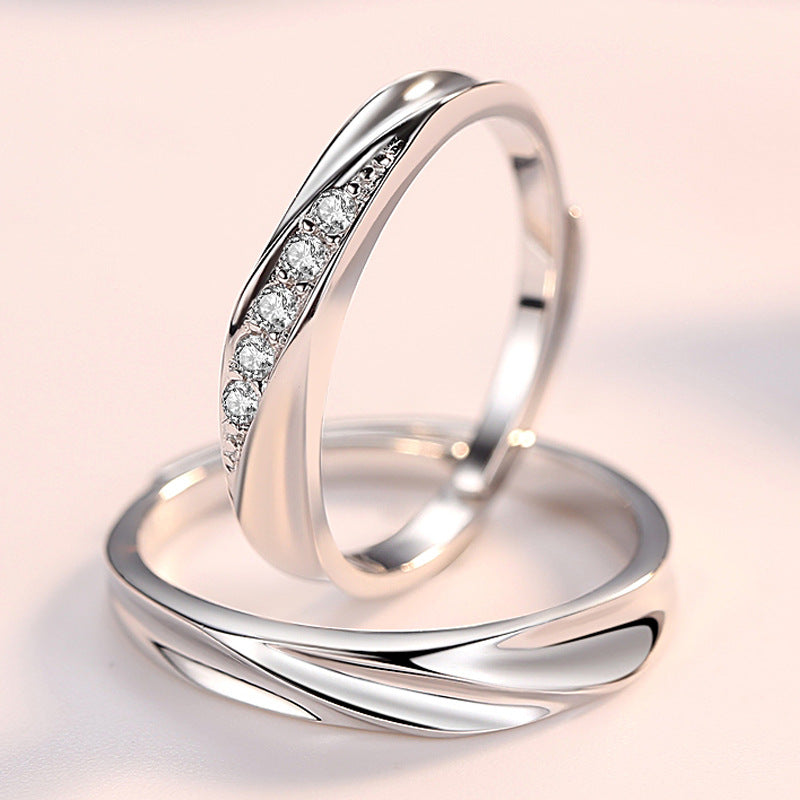 Stripe with Zircon Silver Couple Ring