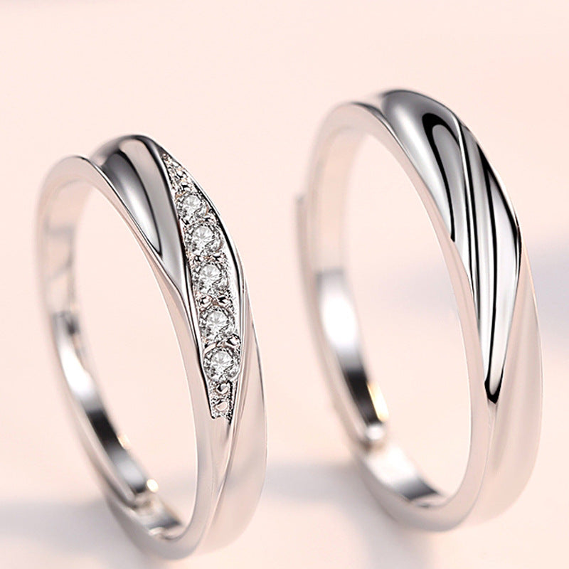 Stripe with Zircon Silver Couple Ring
