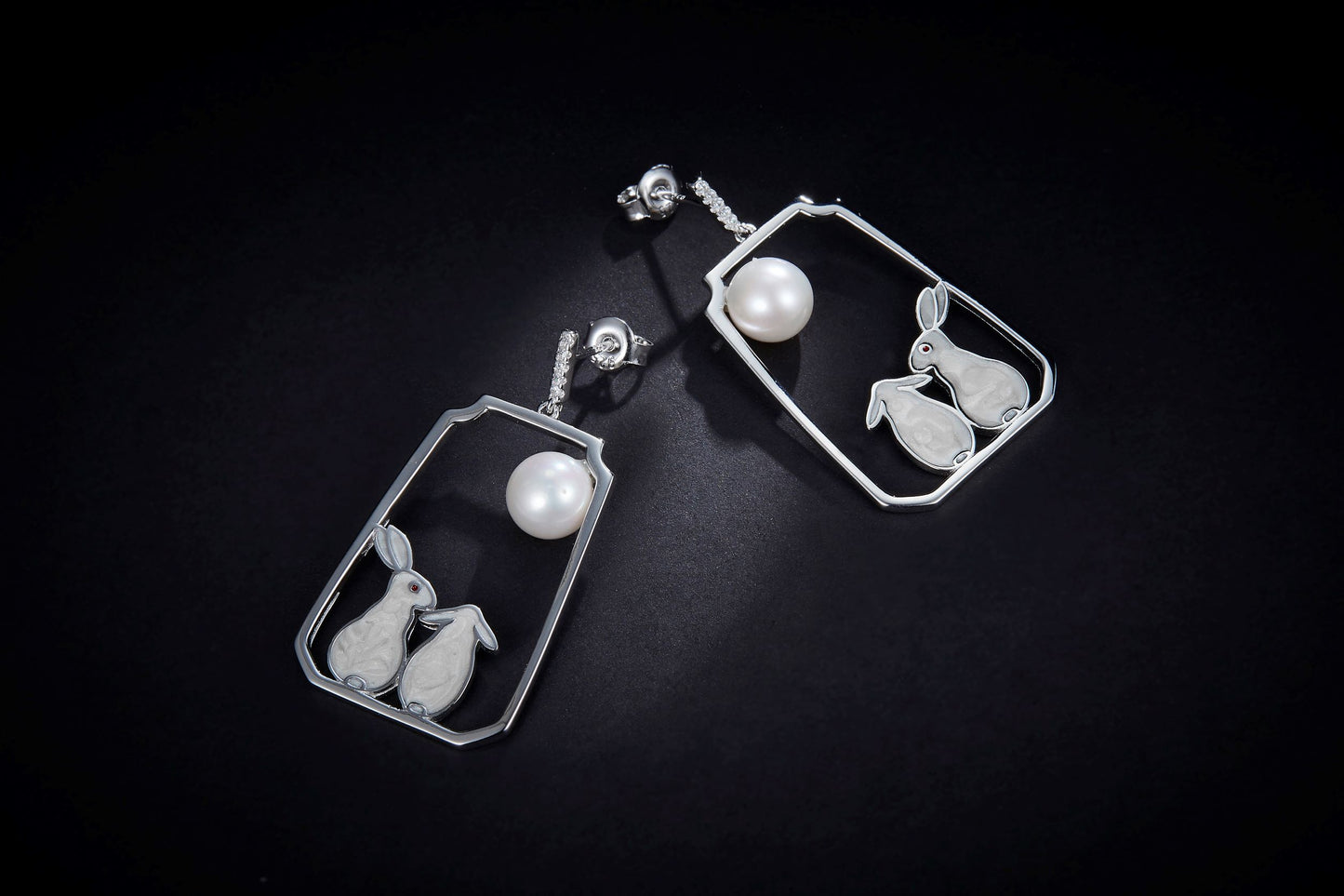 (Two Colours) Moon Rabbit Enamel with Pearl Silver Drop Earrings for Women