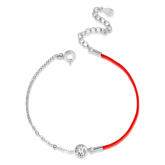 Round Zircon Half Red Rope Silver Bracelet for Women