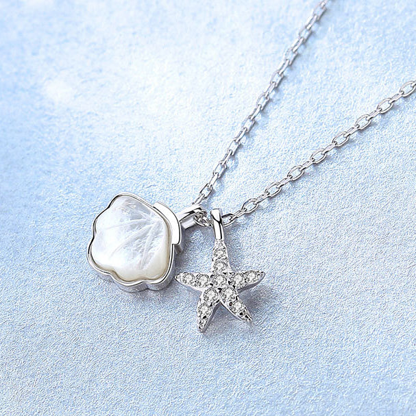 Mother of Pearl Shell with Zircon Starfish Silver Necklace for Women