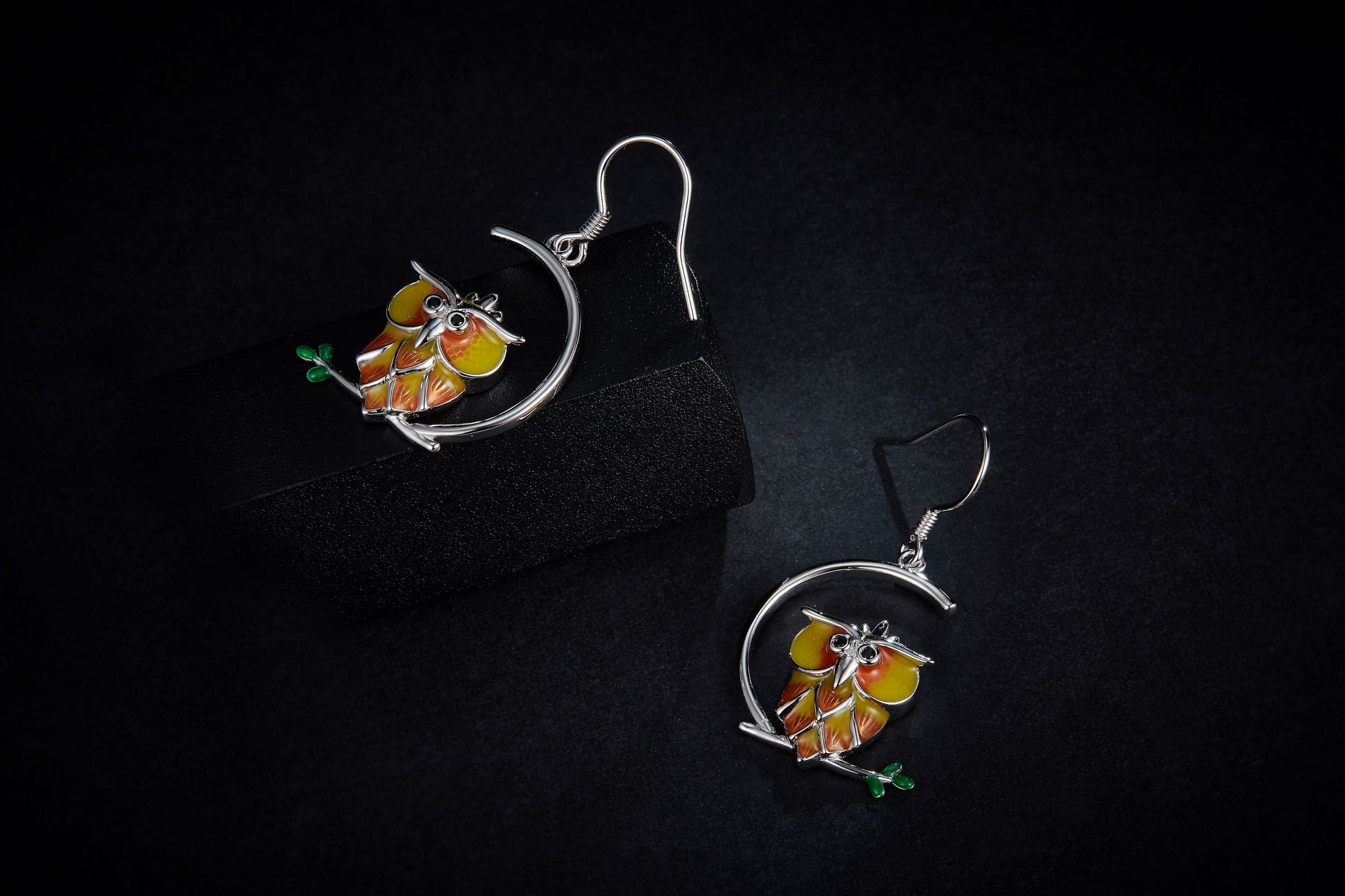 (Three Colours) Owl Enamel Silver Drop Earrings for Women