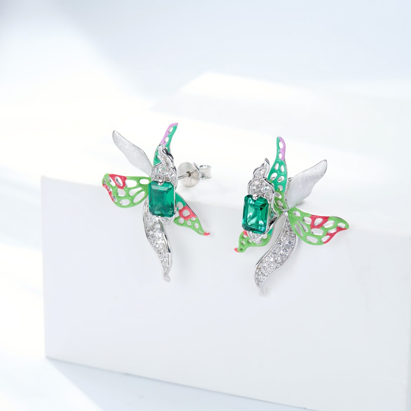 Butterfly Orchid Enamel Silver Studs Earrings for Women