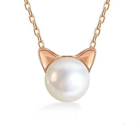 Freshwater Pearl Sweet Cat Pendant Silver Necklace for Women