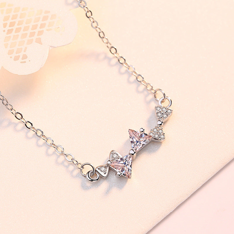 Three Bowknots with Zircon Silver Necklace for Women