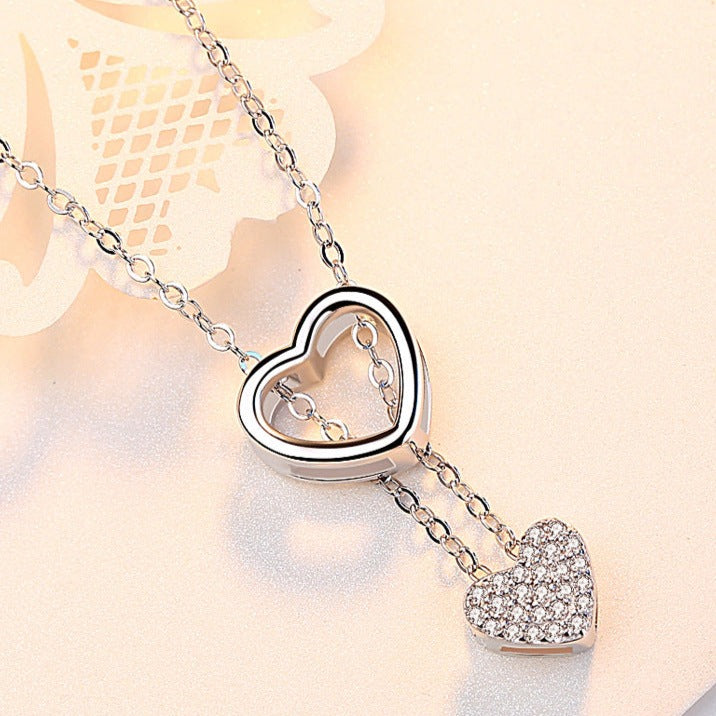 Two Hearts with Zircon Pendant Silver Necklace for Women