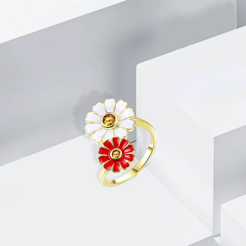 Double Daisy Flowers with Yellow Zircon Silver Ring for Women