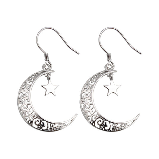 Totem Pattern Moon with Star Pendant Silver Hook Earrings for Women
