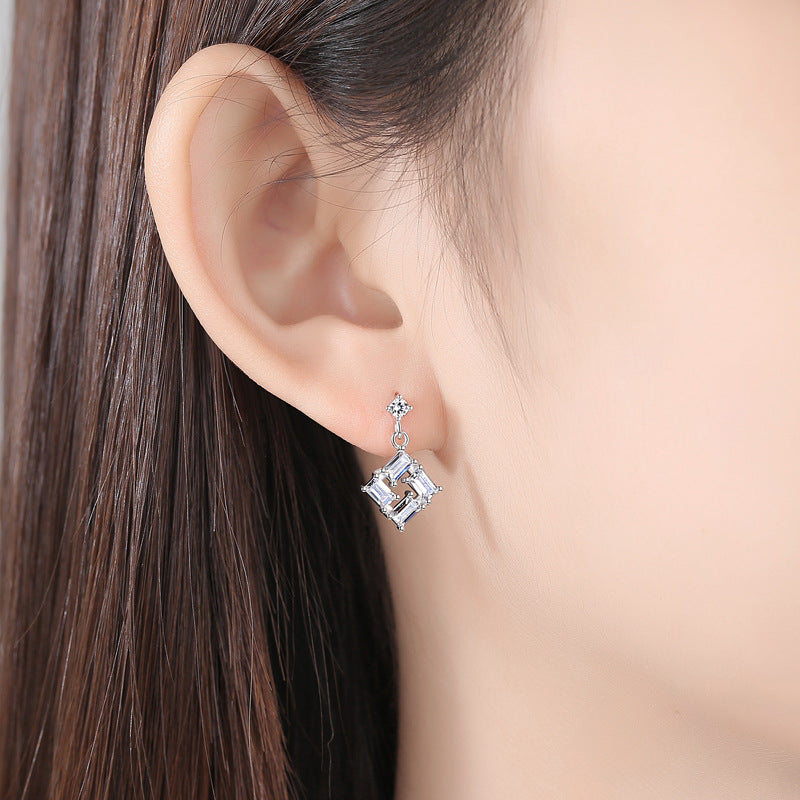 Rectangle Zircon Square Pendant Silver Drop Earrings for Women
