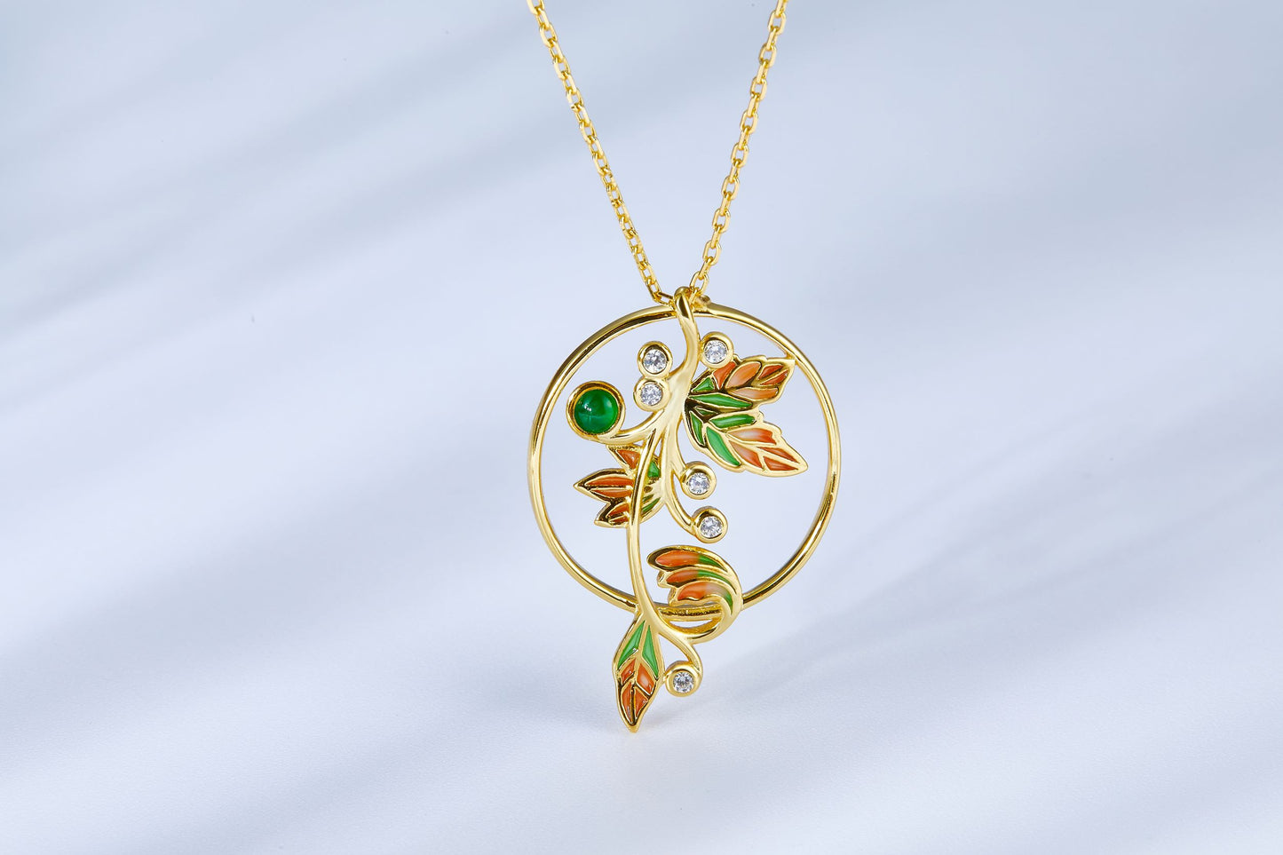 Golden Leaf Enamel with Emerald Necklace for Women