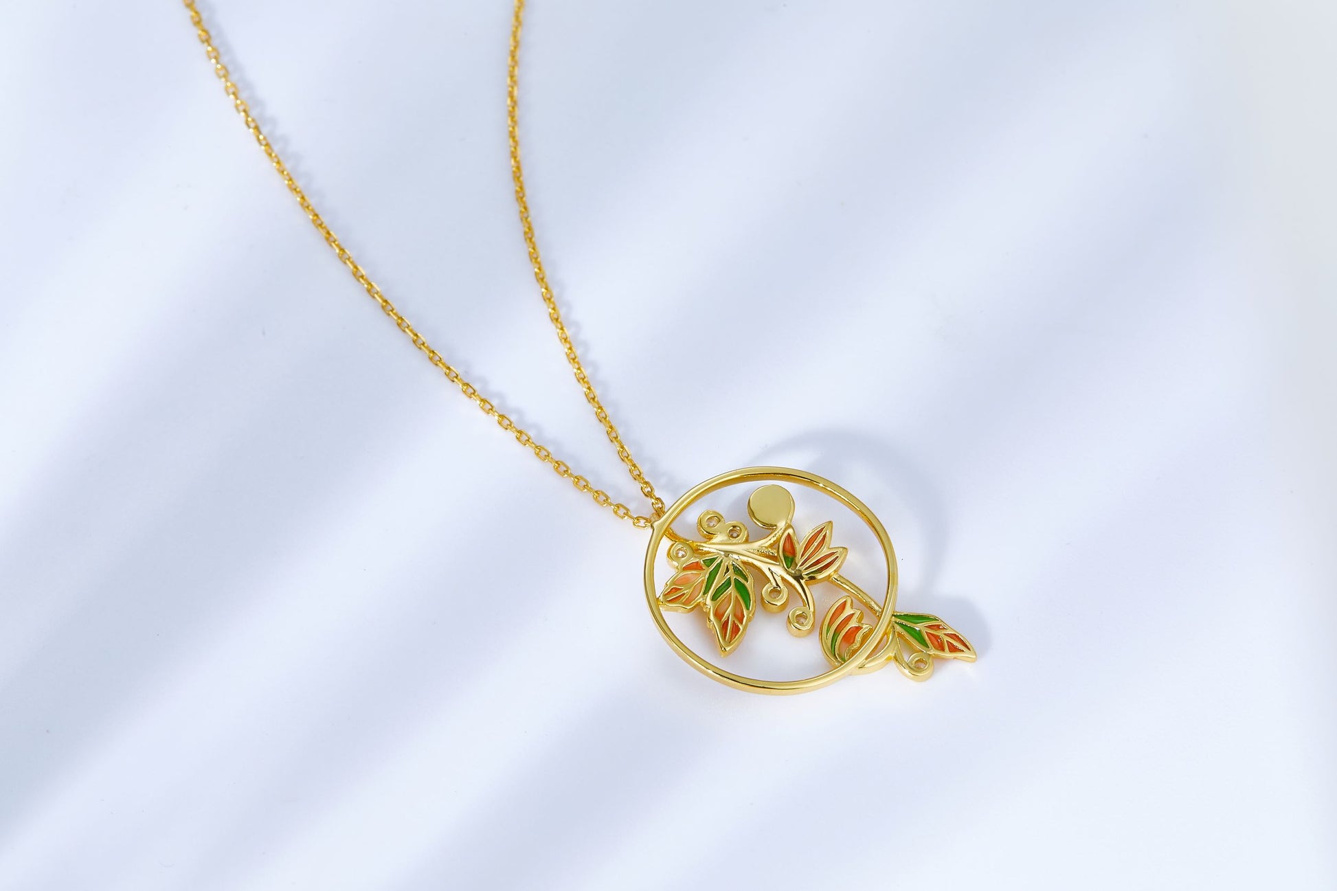 Golden Leaf Enamel with Emerald Necklace for Women