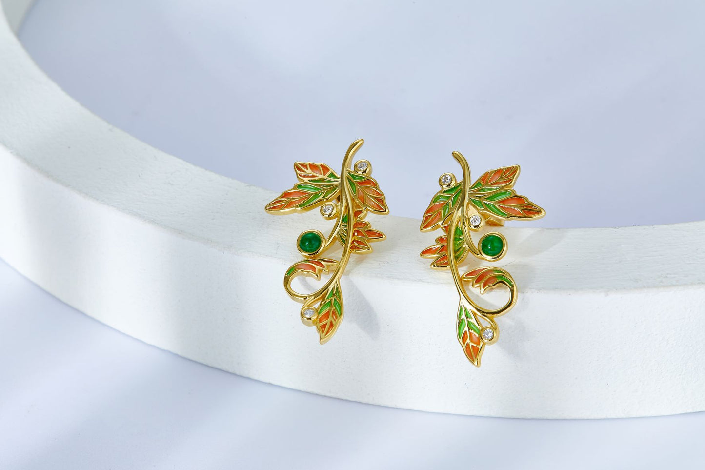 Golden Leaf Enamel with Emerald Earrings for Women