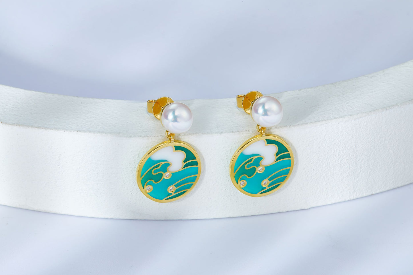(Two Colours) Tidal Water Enamel with Pearl Golden Drop Earrings for Women