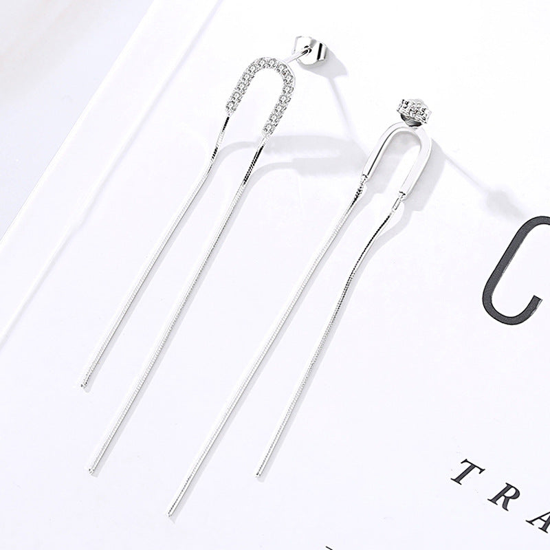 Zircon U-shaped Long Tassle Silver Drop Earrings for Women