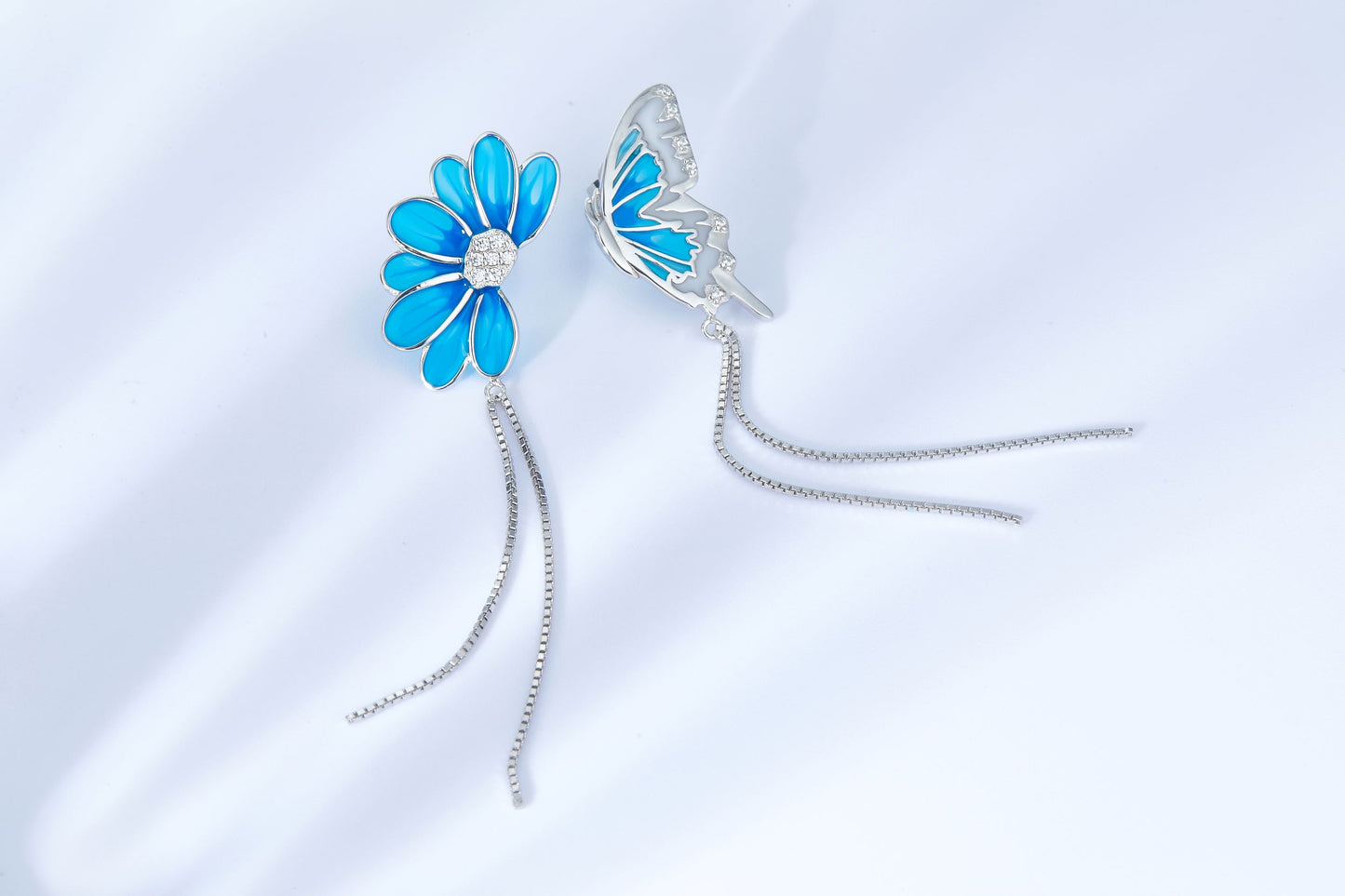 Blue Flower and Butterfly Enamel Silver Drop Earrings for Women