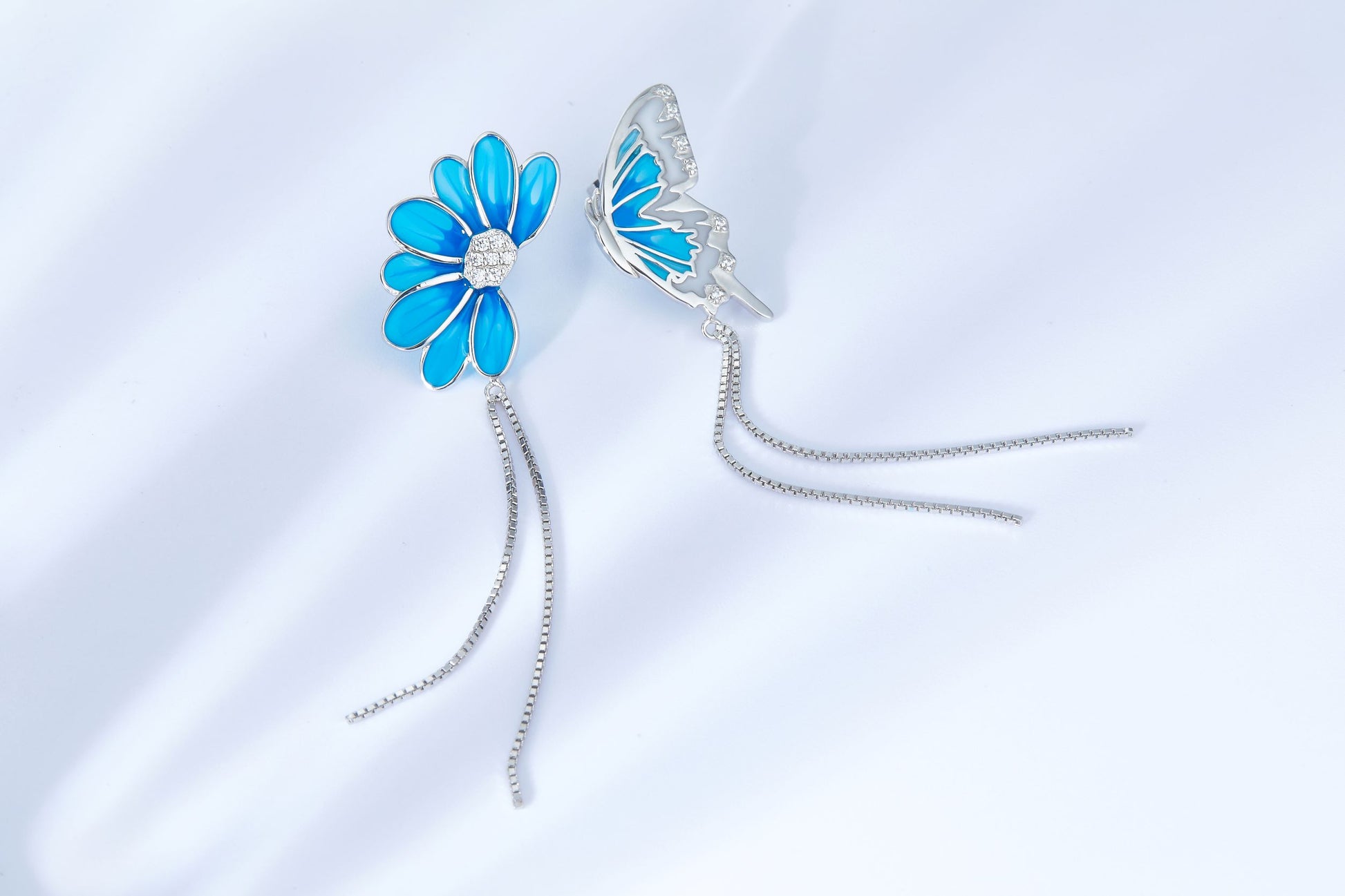 Blue Flower and Butterfly Enamel Silver Drop Earrings for Women