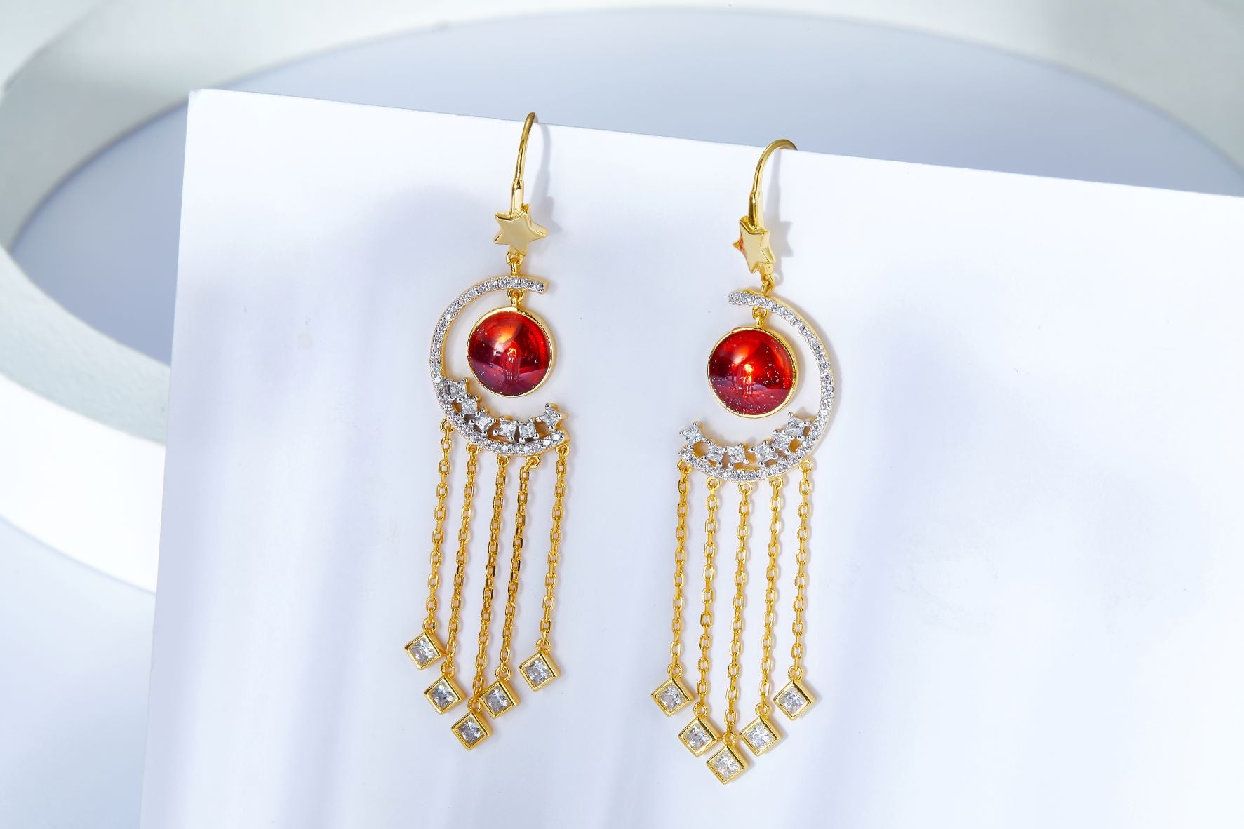 Red & Golden Moon Star Enamel Dorp Earrings for Women