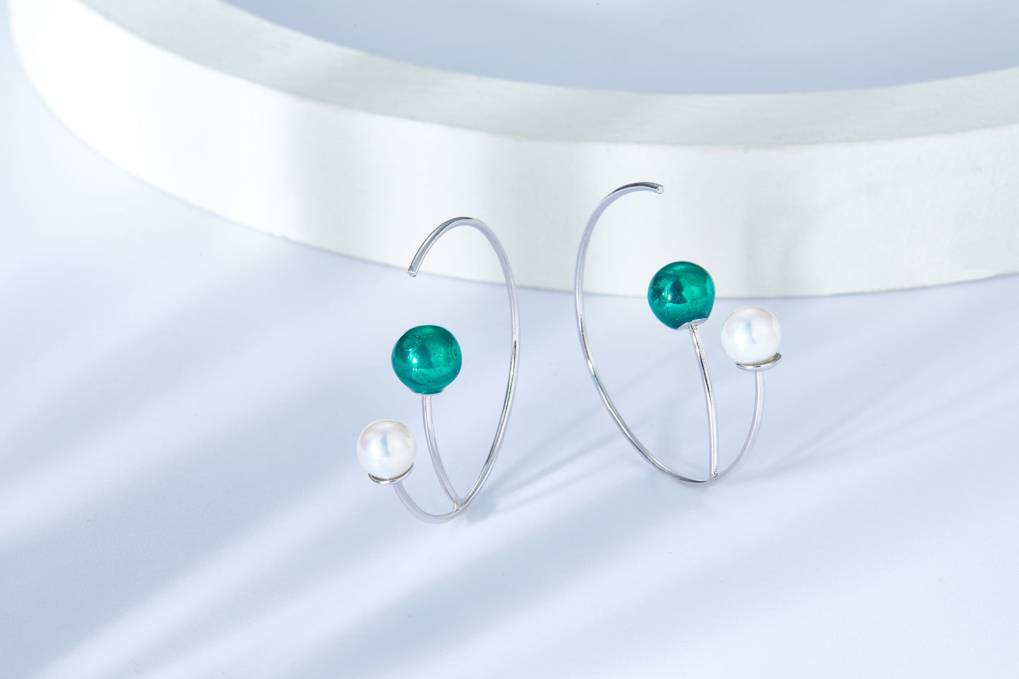 Green Miniball with Pearl Enamel Silver Hoop Earrings for Women
