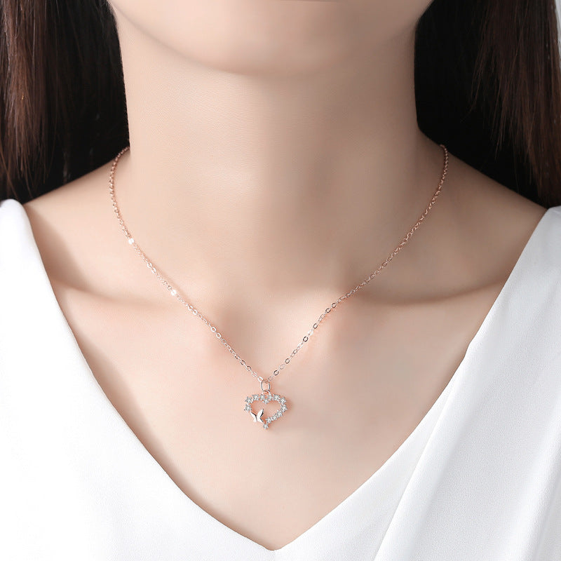 Zircon Heart with Butterfly Pendant Silver Necklace for Women