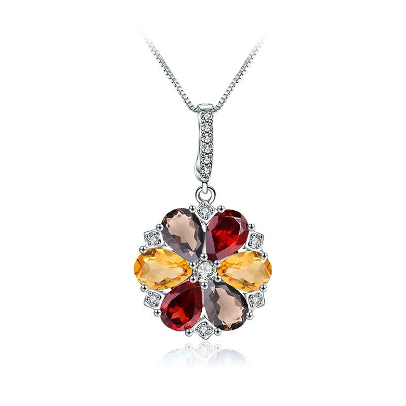 Luxury Fashion Temperament Style Inlaid Natural Colourful Gemstones Flower Pendant Silver Collarbone Necklace for Women