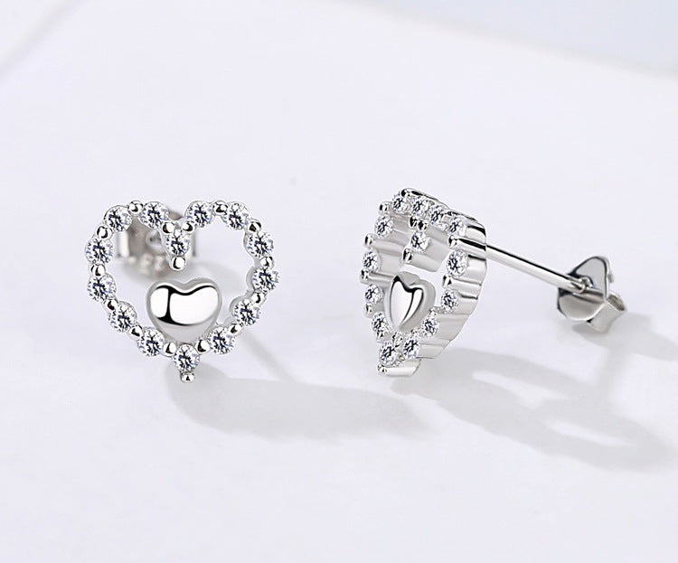 Zircon Heart with Love Silver Studs Earrings for Women
