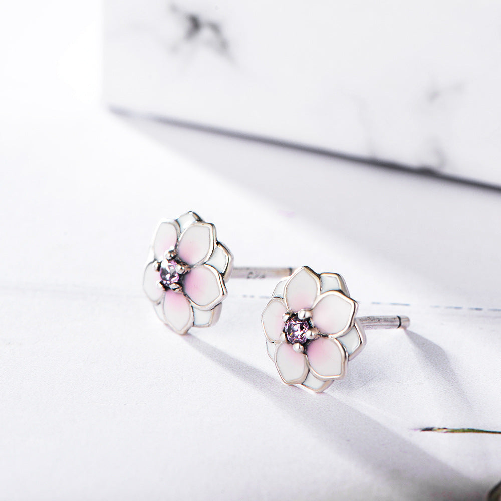 Pink Enamel Magnolia Flower Sterling Silver Studs Earrings for Women