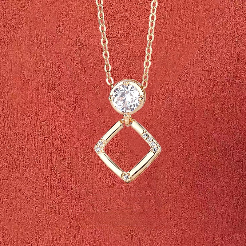 Hollow Square with Round Zircon Pendant Silver Necklace for Women