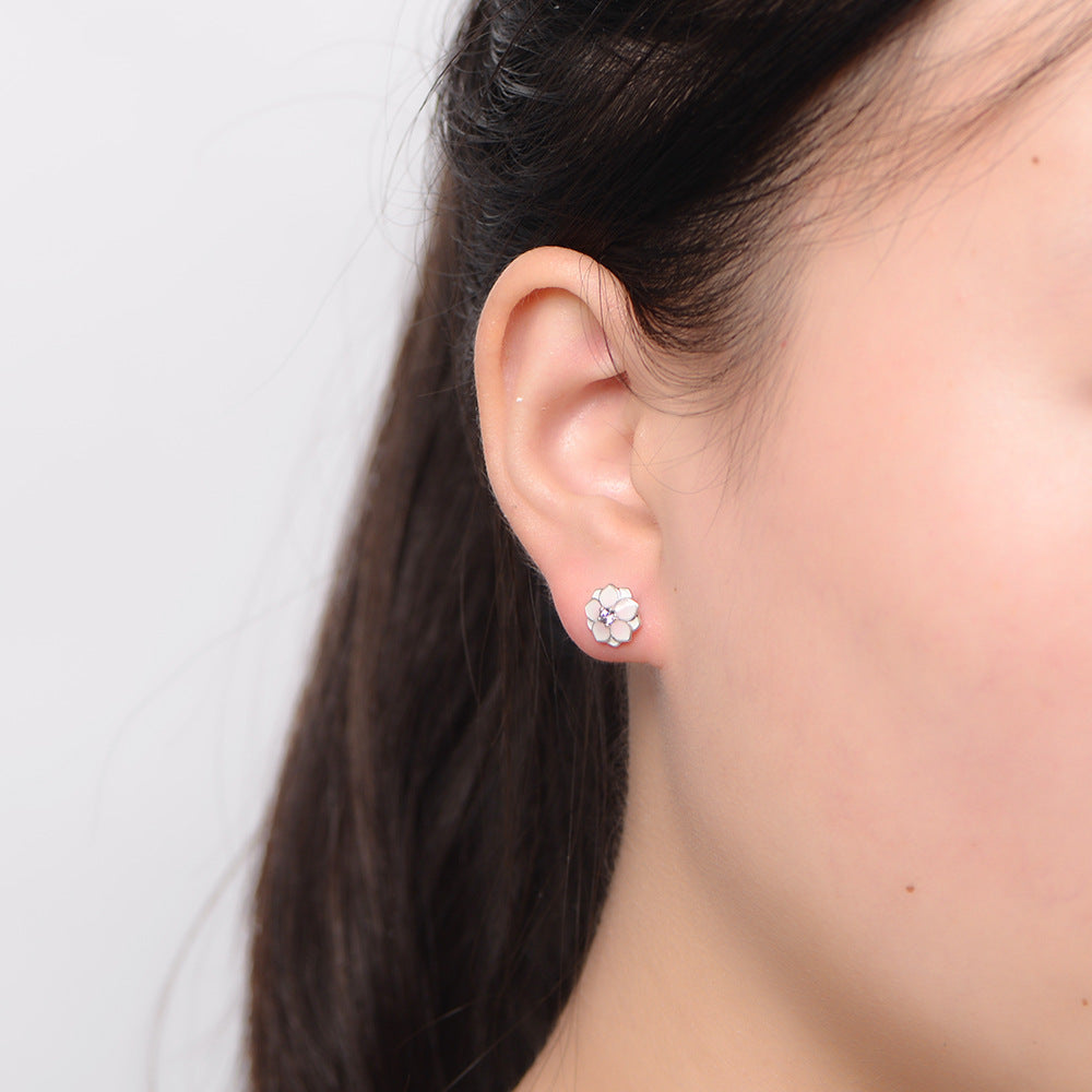 Pink Enamel Magnolia Flower Sterling Silver Studs Earrings for Women