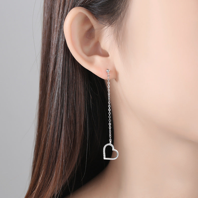 Hollow Heart-shaped Long Tassel Silver Drop Earrings for Women