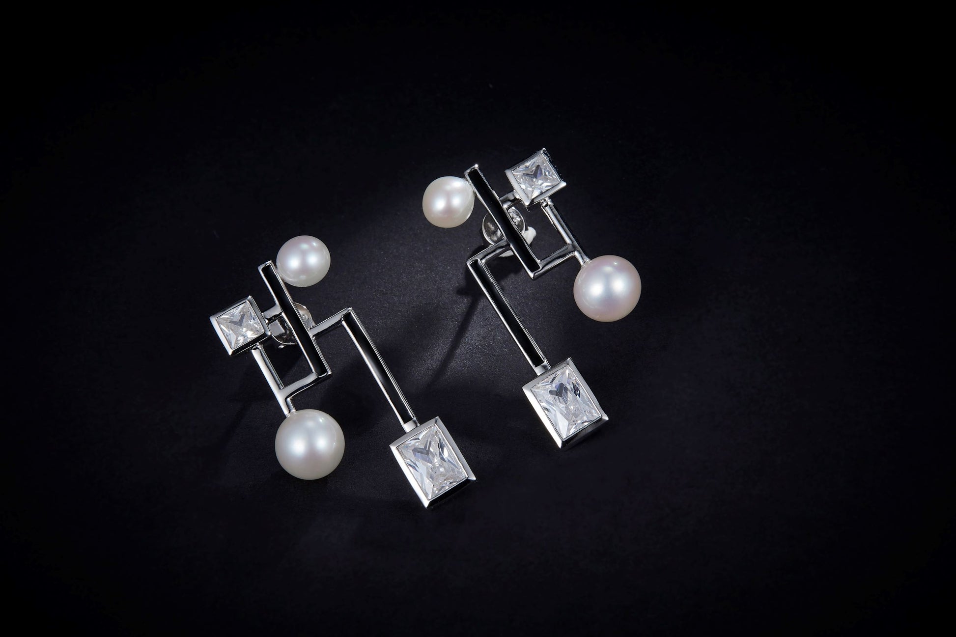 Geometric Figure Enamel with Pearl Silver Earrings for Women