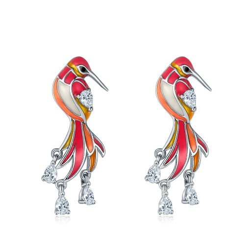 Pink Rosefinch Enamel Silver Earrings for Women