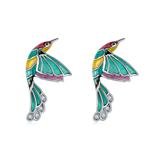 Green Hummingbirds Enamel Silver Studs Earrings for Women