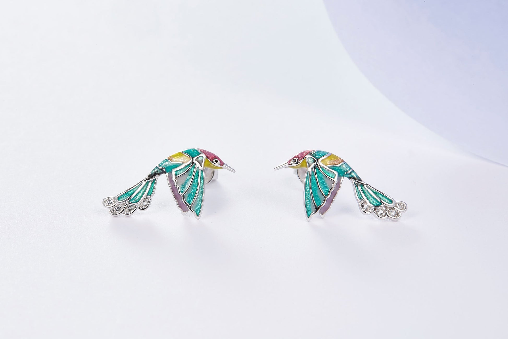 Green Hummingbirds Enamel Silver Studs Earrings for Women