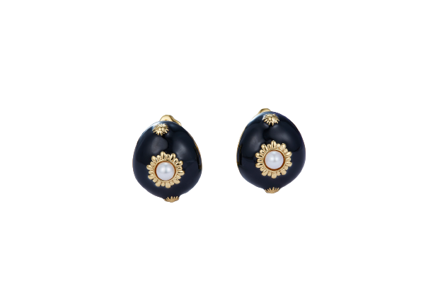 (Two Colours) Small Oval Enamel with Pearl Golden Earrings for Women